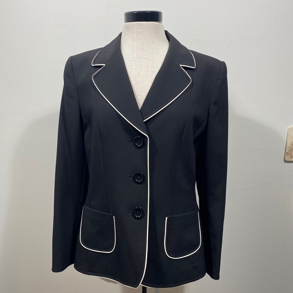 Tahari Arthur S Levine Womens Black White Piping‎ 3 Button Blazer Jacket Size 14